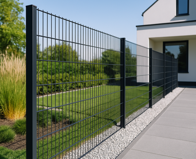 Zwart enkelstaafmat sierhekwerk langs voortuin van woning als erfafscheiding in dorpsstraat