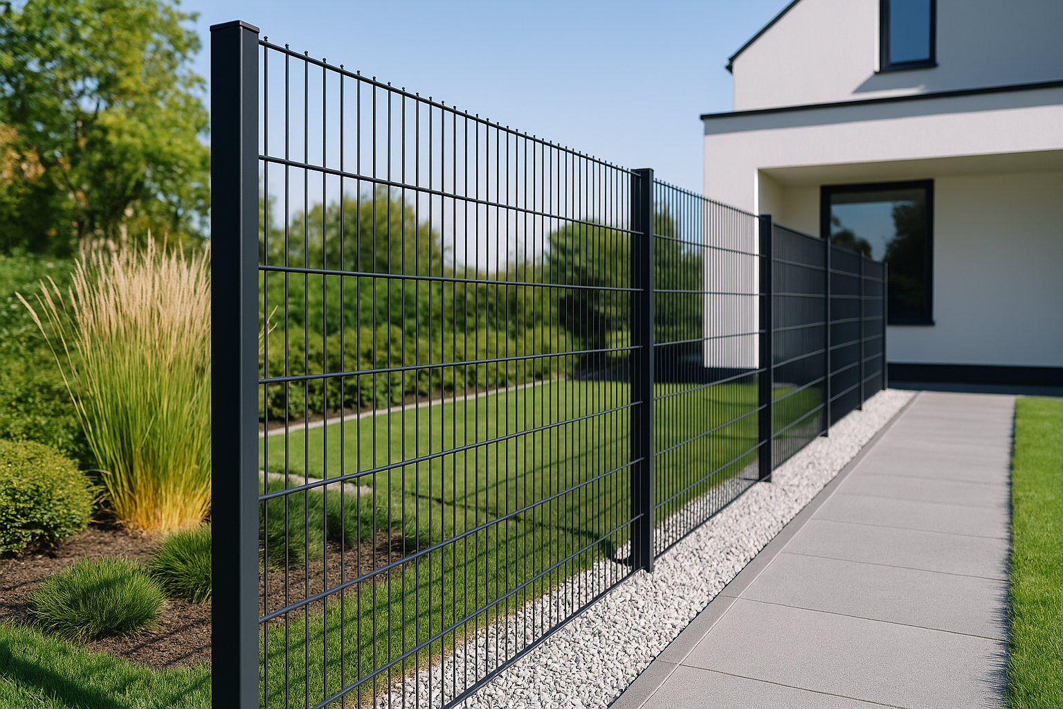 Zwart enkelstaafmat sierhekwerk langs voortuin van woning als erfafscheiding in dorpsstraat