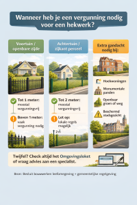 Infographic met overzicht wanneer een vergunning nodig is voor het plaatsen van een hekwerk in voortuin en achtertuin volgens Nederlandse regels.