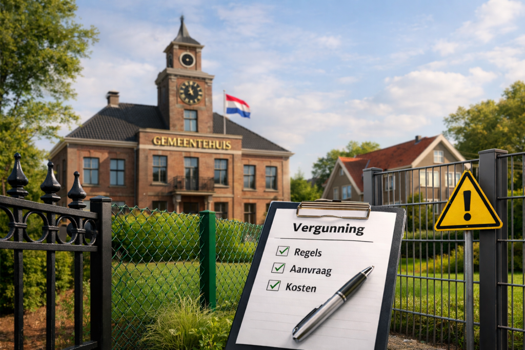 Fotorealistische afbeelding van een hekwerk in een Nederlandse voortuin en achtertuin, met verschillende erfafscheidingen langs een woonstraat.