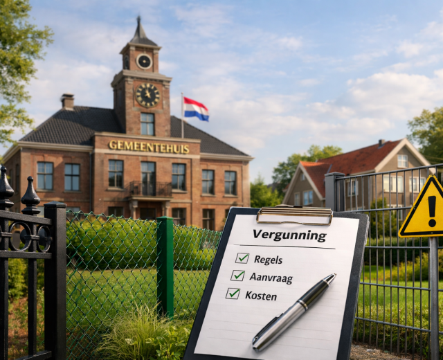 Fotorealistische afbeelding van een hekwerk in een Nederlandse voortuin en achtertuin, met verschillende erfafscheidingen langs een woonstraat.