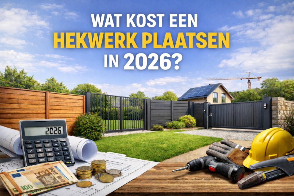 Fotorealistische afbeelding van verschillende hekwerken met de tekst 'Wat kost een hekwerk plaatsen in 2026?', inclusief gereedschap, eurobiljetten en calculator op de voorgrond.