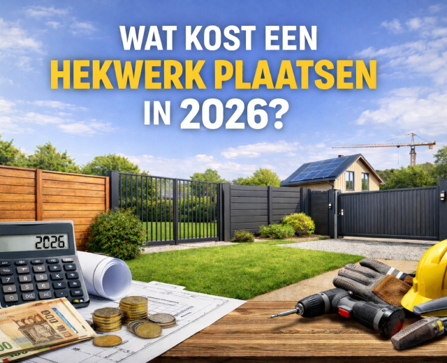 Fotorealistische afbeelding van verschillende hekwerken met de tekst 'Wat kost een hekwerk plaatsen in 2026?', inclusief gereedschap, eurobiljetten en calculator op de voorgrond.