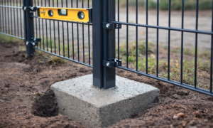 Dubbelstaafmat hekwerk met betonverankerde paal professioneel geplaatst