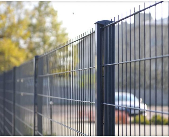 Zwart dubbelstaafmat hekwerk met stevige palen professioneel geplaatst in tuin