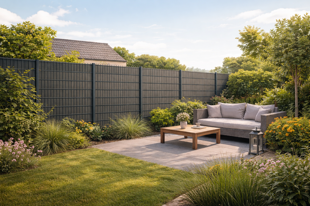 Moderne tuin met dubbelstaafmat hekwerk en privacyband dat inkijk voorkomt en zorgt voor meer privacy in de tuin.