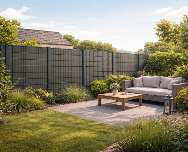 Moderne tuin met dubbelstaafmat hekwerk en privacyband dat inkijk voorkomt en zorgt voor meer privacy in de tuin.