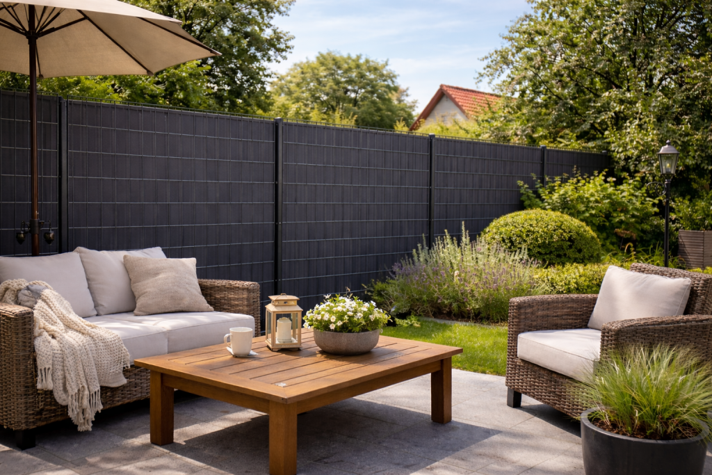 Moderne tuin met dubbelstaafmat hekwerk en privacyband dat inkijk van buren voorkomt.