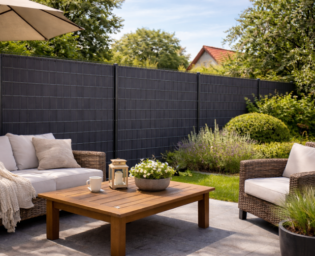 Moderne tuin met dubbelstaafmat hekwerk en privacyband dat inkijk van buren voorkomt.