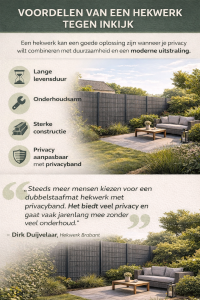 nfographic met voordelen van een hekwerk tegen inkijk zoals lange levensduur, onderhoudsarm en privacy met privacyband.