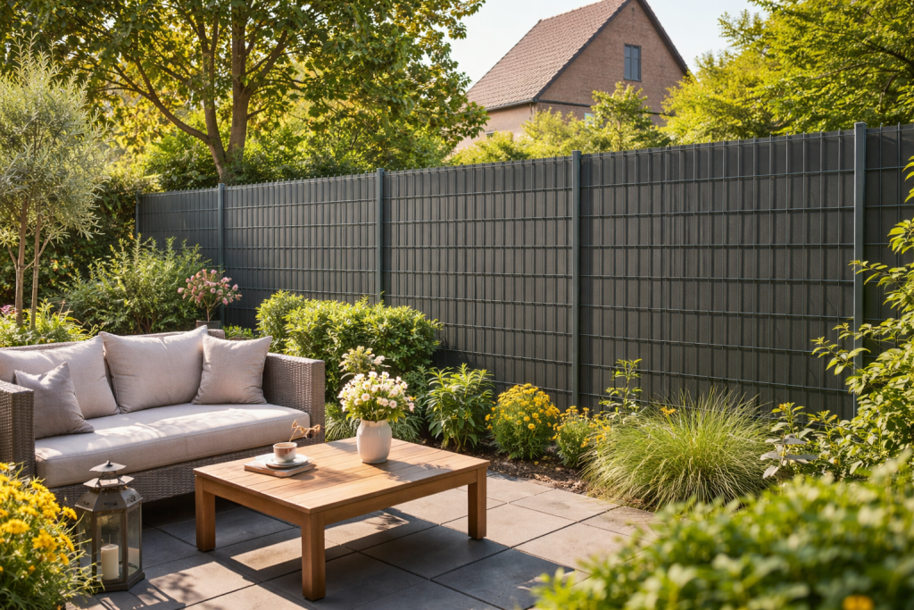 Moderne tuin met dubbelstaafmat hekwerk en privacyband die inkijk van buren voorkomt.