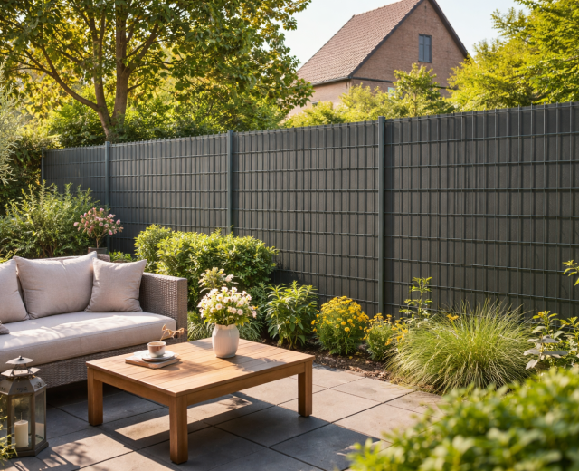 Moderne tuin met dubbelstaafmat hekwerk en privacyband die inkijk van buren voorkomt.