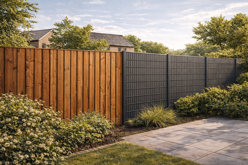 Vergelijking tussen houten schutting en metalen hekwerk met privacyband tegen inkijk in een moderne tuin.