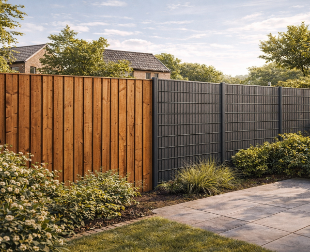 Vergelijking tussen houten schutting en metalen hekwerk met privacyband tegen inkijk in een moderne tuin.